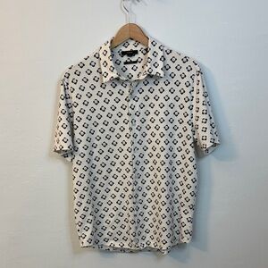 Vince Men's Medium Geometric Floral Short-Sleeve Shirt Black‎ White Pima Cotton